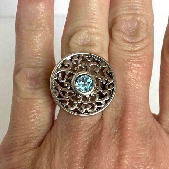 Sterling Silver 925 Round Blue Topaz Scrollwork Wide Band Statement Ring Sz 5.75 - Picture 11 of 16
